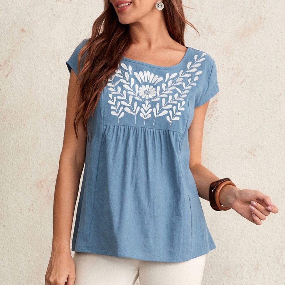 Sky Blue Embroidered Scoop-Neck Blouse